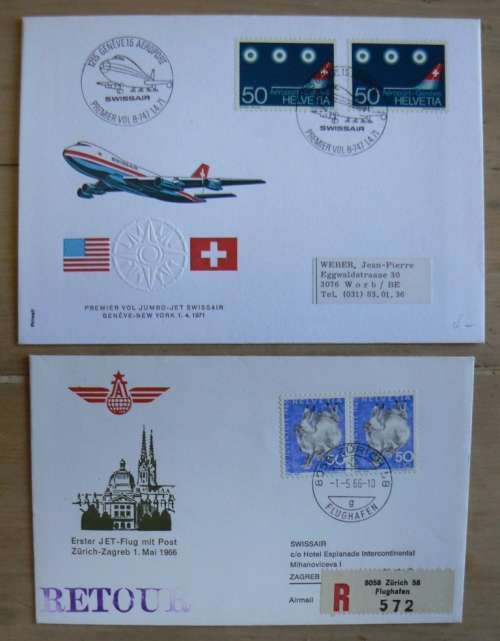 Switzerland lot of 4 Swissair first flight covers - 3 registered - 1966 & 1971