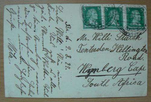 Lot of 3 postcards 1927 & 1929 from Climatic Health Resort Ostseebad Brunshaupten to Wynberg, CT
