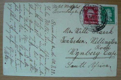 Lot of 3 postcards 1927 & 1929 from Climatic Health Resort Ostseebad Brunshaupten to Wynberg, CT