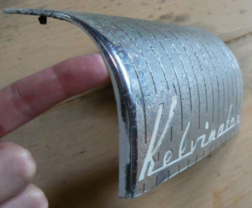 Vintage Kelvinator chrome refrigerator name plate/emblem, curved shape
