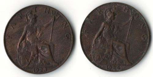 Britain Farthing 1923 & 1924, aUNC toned