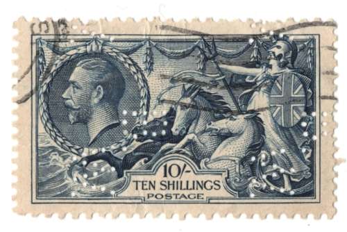 Great Britain 10 Shilling seahorse 1934 Waterlow & Sons perfin B.W. sideways