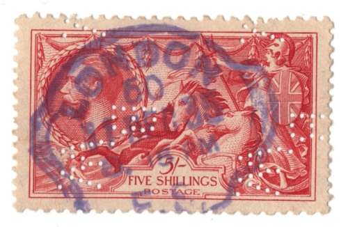 Great Britain 5 Shilling seahorse 1934 Waterlow & Sons perfin B.W. sideways