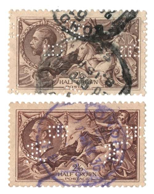 Great Britain 2/6d used seahorses with B.W. perfin sideways - De La Rue & Waterlow & Sons