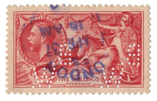 Great Britain 5 Shillings seahorse 1934 Waterlow & Sons perfin B.W. upright