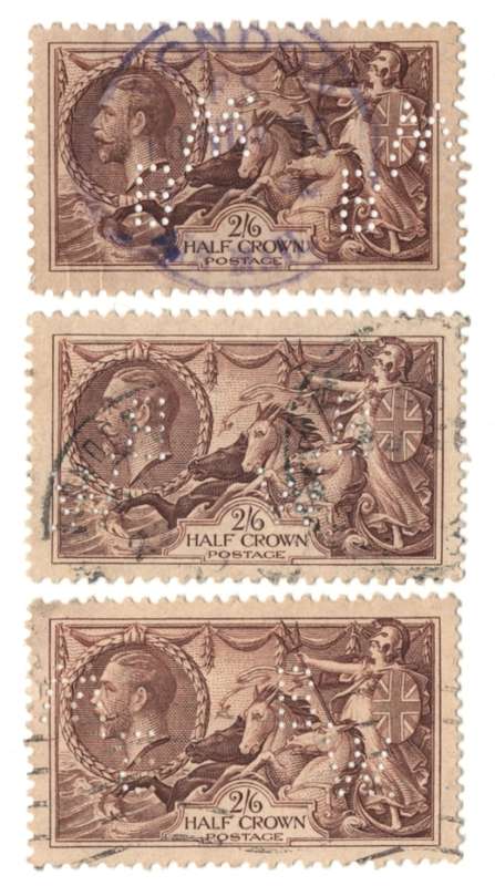 Great Britain 2/6d used seahorse 1934 x3 Waterlow & Sons perfin B.W.