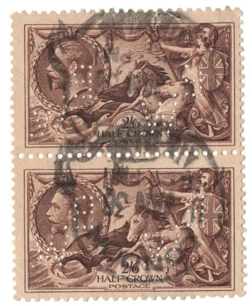 Great Britain 2/6d used seahorse 1934 pair with B.W. perfins upright Waterlow & Sons
