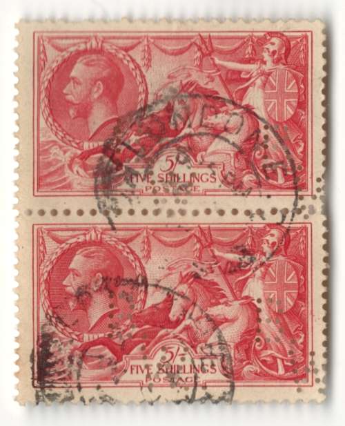 Great Britain 5 Shilling used seahorse 1934 pair with B.W. perfins upright Waterlow & Sons