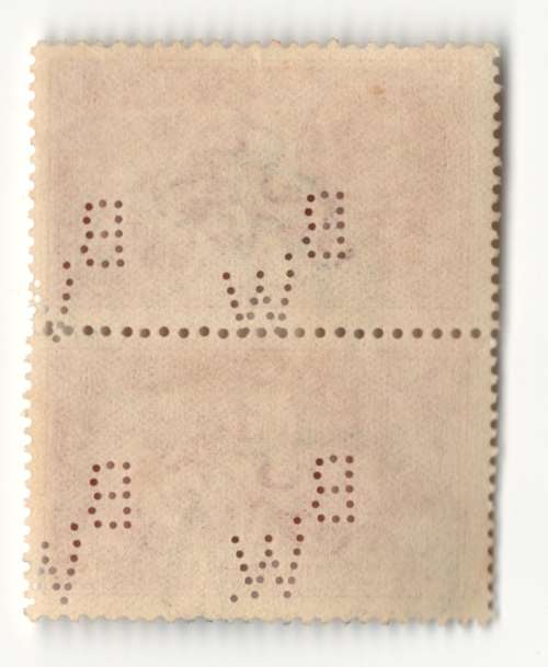 Great Britain 5 Shilling used seahorse 1934 pair with B.W. perfins upright Waterlow & Sons