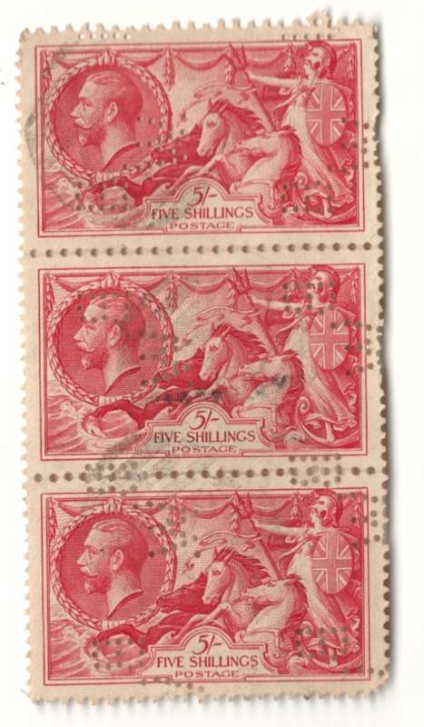 Great Britain 5 Shilling used seahorse 1934 strip of 3 with B.W. perfins sideways Waterlow & Sons