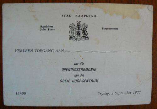 Invitation to the opening of the Good Hope Centre, 2 September 1977