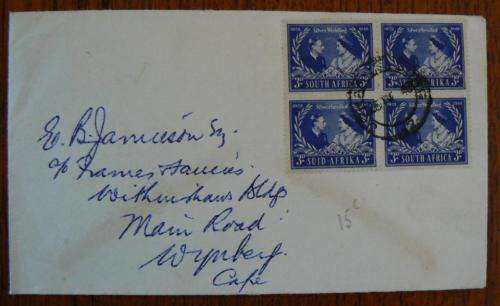 Postal history: 1948 envelope Johannesburg to Cape Town - used block of four 3d stamps
