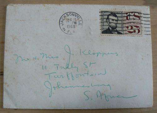 Postal History: 1968 Airmail 25c USA Jacksonville to Turffontein, with USA 10c 1973 coil of 5 used