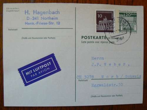 1970 Germany airmail prepaid postcard + 10 Pf to Switzerland