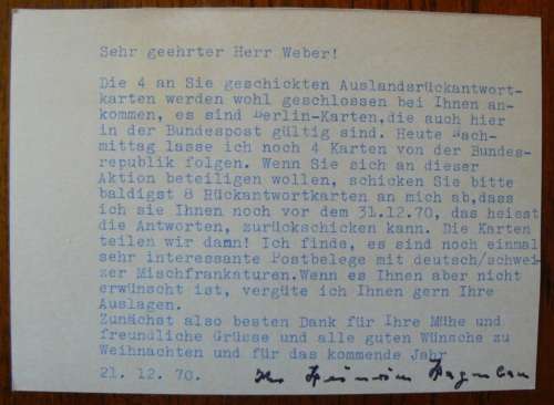 1970 Germany airmail prepaid postcard + 10 Pf to Switzerland