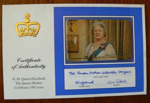 British Queen Mother 100 Years unused phone card with CoA