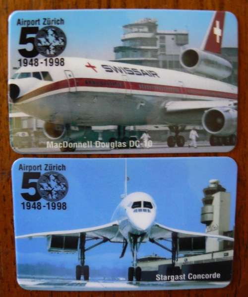 Switzerland pair of Zurich Airport collectible phone cards unused 1998