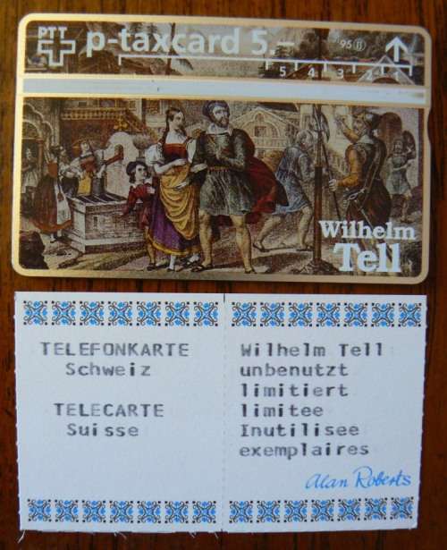 Switzerland collectible Wilhelm Tell 5 Fr phone card with CoA 1995