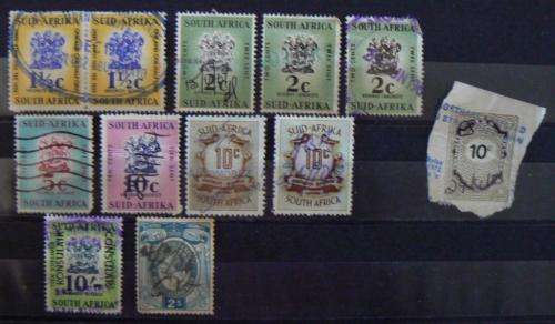 Lot of 12 Union & RSA revenue stamps (used) 1 1/2c to 10 Shillings