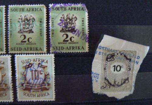 Lot of 12 Union & RSA revenue stamps (used) 1 1/2c to 10 Shillings