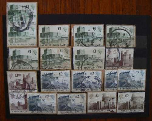 Lot of 19 Great Britain 1988 castle type stamps, used £1 to £5 - see listing for details