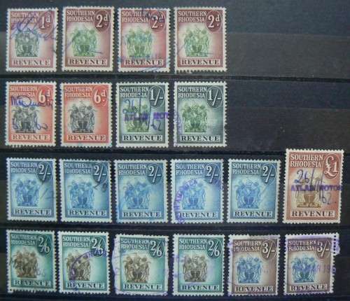 Southern Rhodesia lot of 20 revenue stamps 1d to £1