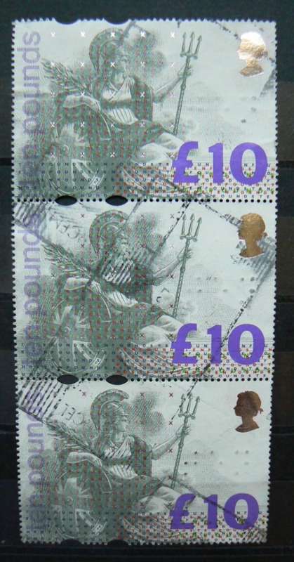 1993 Britain Britannia £10 strip of 3, used