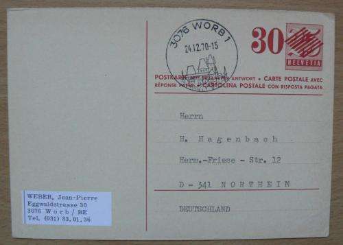 Switzerland 1970 prepaid & surcharged post card to Germany with back stamp