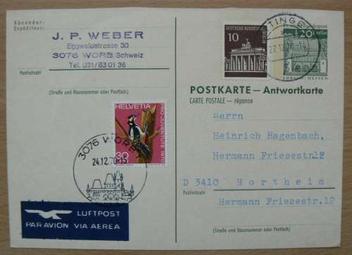 1970 Answer & Reply card airmail Switzerland to Germany and back