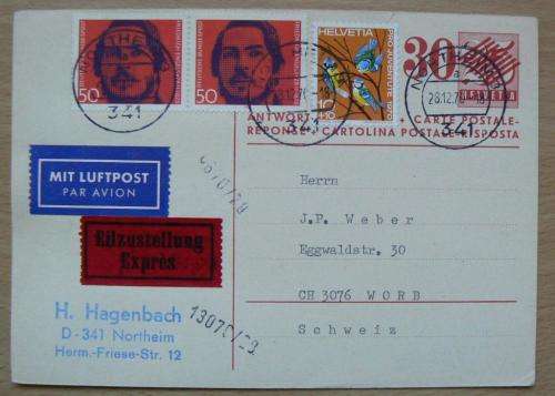 Switzerland & Germany stamps on prepaid Swiss surcharged post card airmail express Northeim to Worb