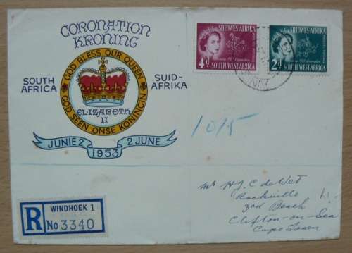 SWA 1953 Coronation cover registered mail to Cape Town