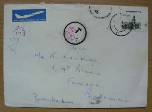 Airmail letter SA to Zimbabwe 1986 & 1987 with normal stamps used for postage due