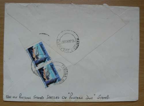 Airmail letter SA to Zimbabwe 1986 & 1987 with normal stamps used for postage due