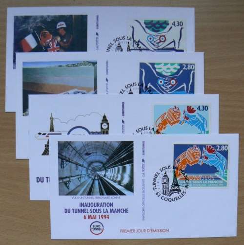 France 1994 set of 4 FDCs Channel Tunnel - single stamp variety