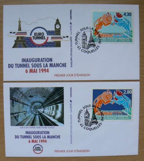 France 1994 set of 4 FDCs Channel Tunnel - single stamp variety