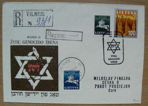 1993 Lithuania registered cover to Czech Republic remembering the holocaust