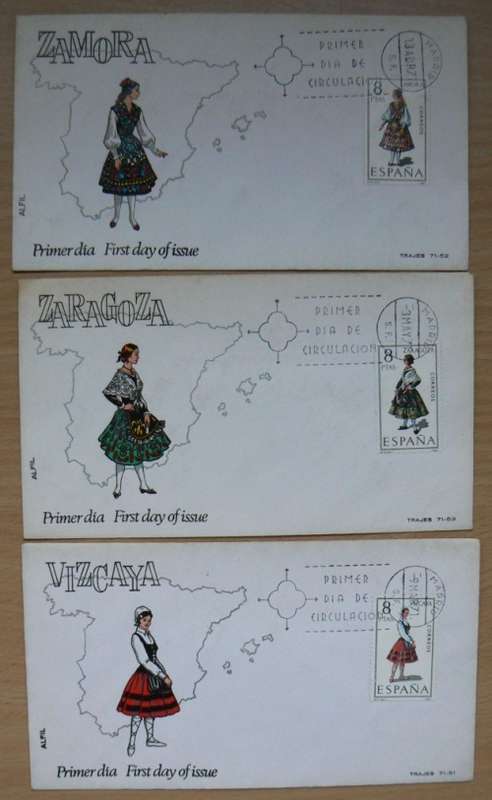 Spain 1970 & 1971 lot of 9 FDCs & 10 Maxi cards: costumes