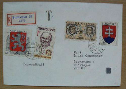 Registered cover 1993 dissolution of Czechoslovakia into Czech Republic & Slovakia