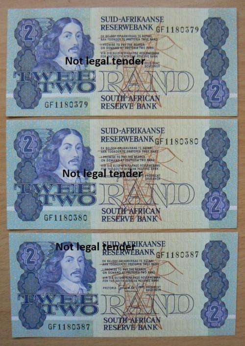 Lot of 3 G de Kock 3rd Issue R2 notes - UNC, 2 in sequence - GF