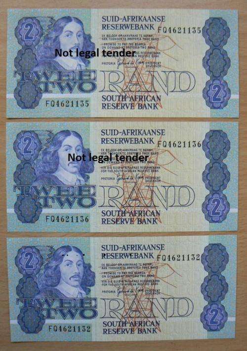 Lot of 3 G de Kock 3rd Issue R2 notes - UNC, two in sequence - FQ