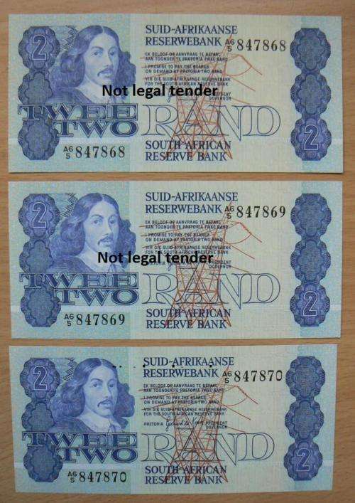 Lot of 3 G de Kock 2nd Issue R2 notes - UNC in sequence - A6