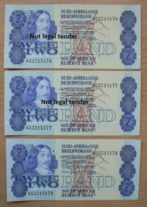 Lot of 3 G de Kock 2nd Issue R2 notes - UNC, with 2 in sequence