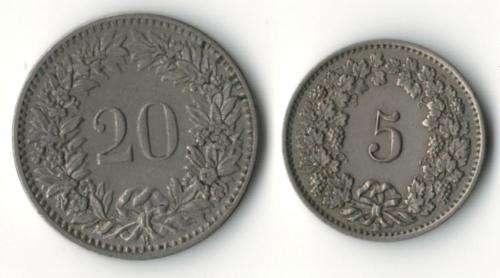 Switzerland 5 Rappen 1928 & 20 Rappen 1909