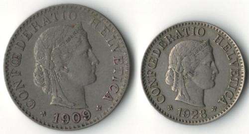 Switzerland 5 Rappen 1928 & 20 Rappen 1909