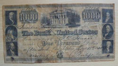 Infamous USA $1000 1840 replica note #8894 used by Grosvenor Ford Cape Town, circa 1950