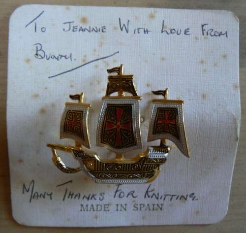 Vintage faux damascene Spanish galleon brooch - as new