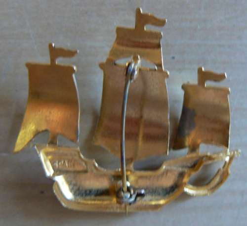 Vintage faux damascene Spanish galleon brooch - as new
