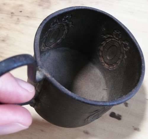 Antique child`s embossed metal cup with `Old English` handle - pre-1850