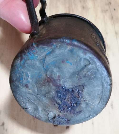 Antique child`s embossed metal cup with `Old English` handle - pre-1850