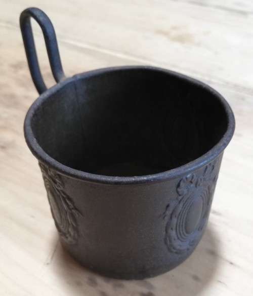 Antique child`s embossed metal cup with `Old English` handle - pre-1850
